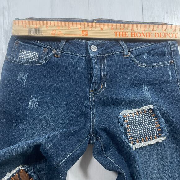 Vintage Bebe Y2k Low Rise Size 31 Flare Jeans Patchwork Rhinestone Distressed - Picture 12 of 16